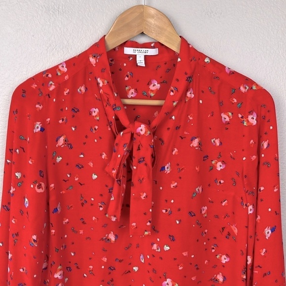 Derek Lam Evadine Blouse Red Floral Tie-neck Long Sleeves Top 2 - Picture 7 of 13